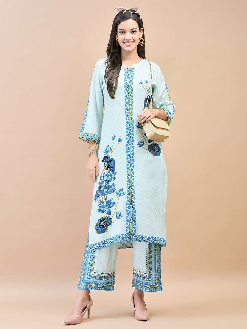 women light blue floral kurta pant set