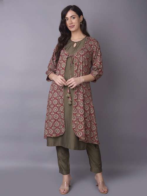 women olive solid kurta pant set with long shrug - 21559483 -  Standard Image - 0