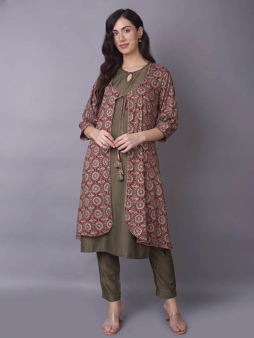 women olive solid kurta pant set with long shrug