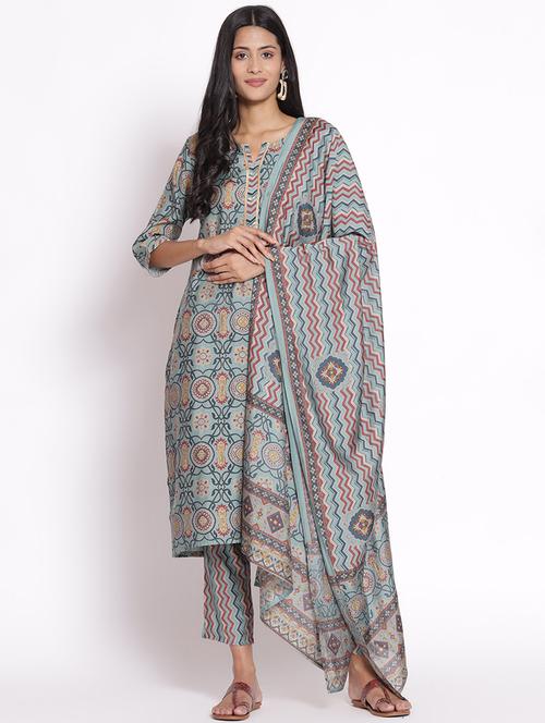women three quarter sleeve kurta pant with dupatta set - 21559501 - Standard Image - 0