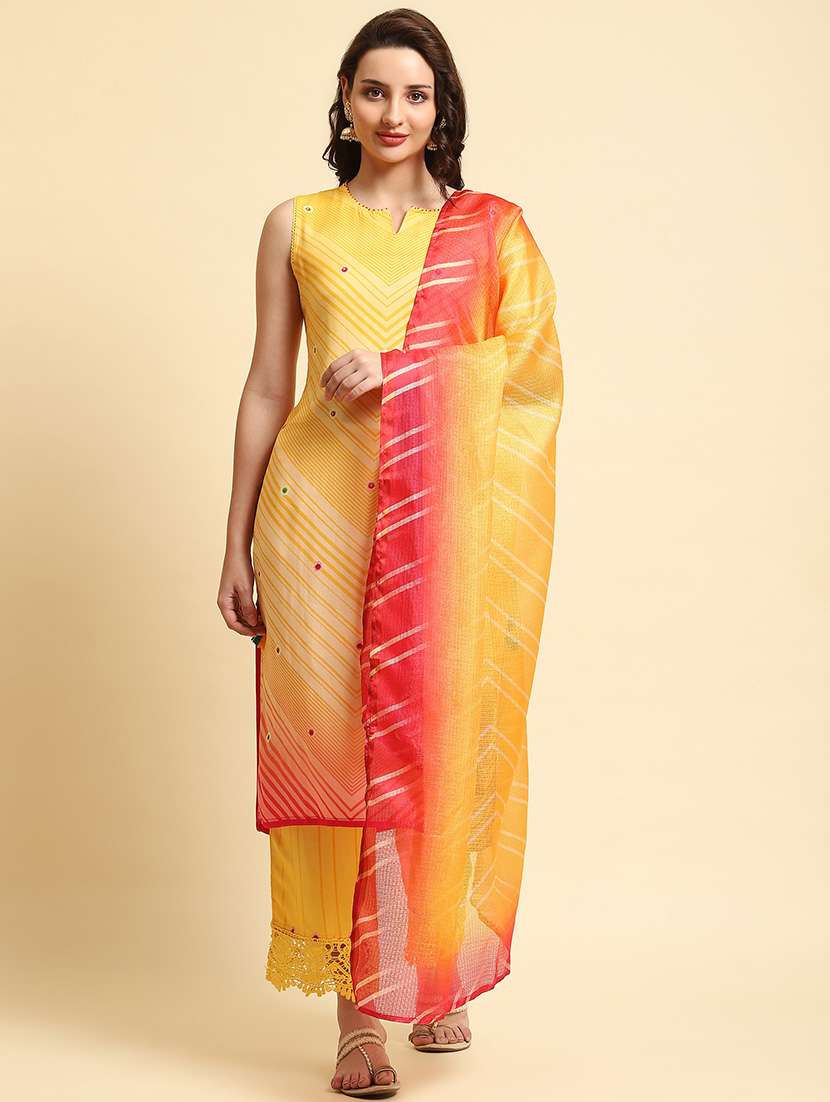 women yellow sleeveless kurta pant with dupatta set