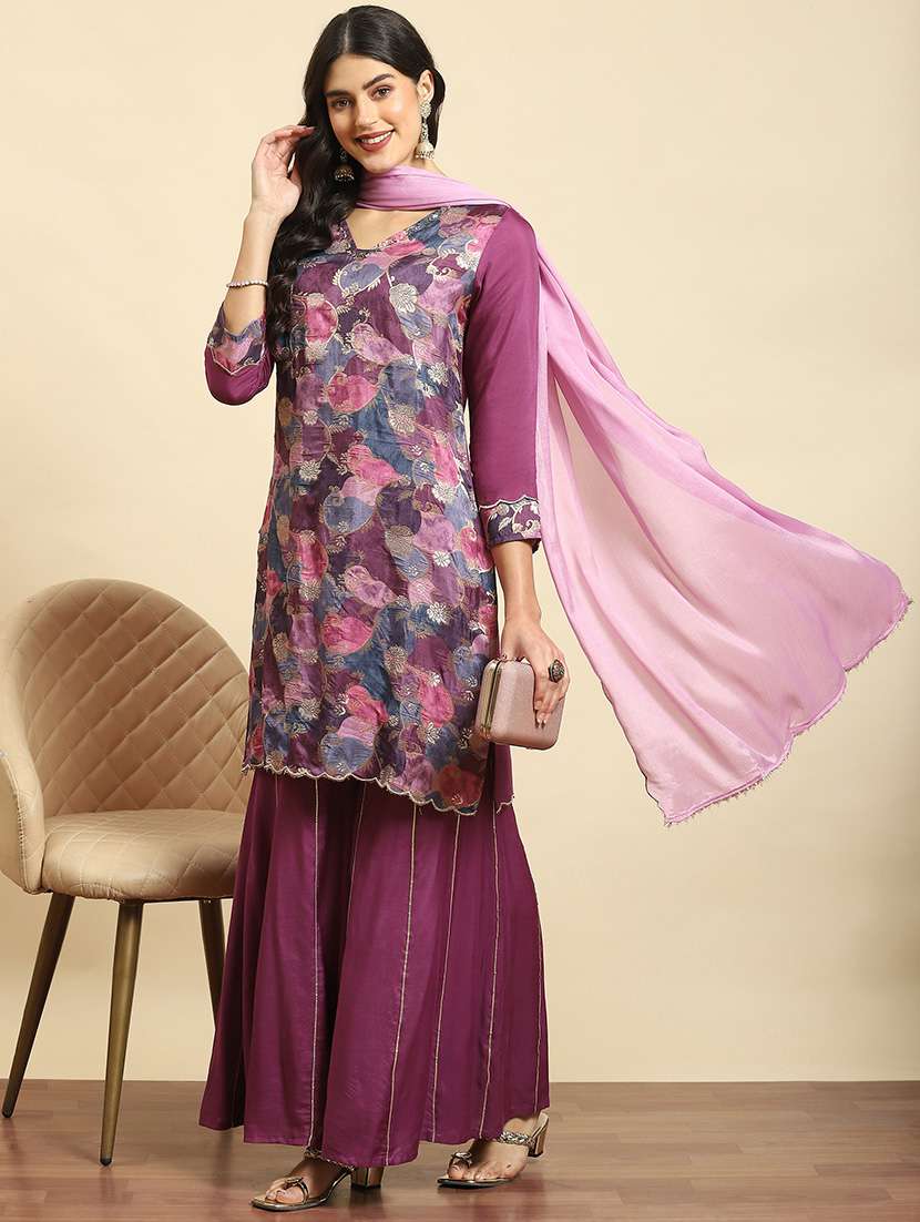 women printed kurta sharara set with dupatta