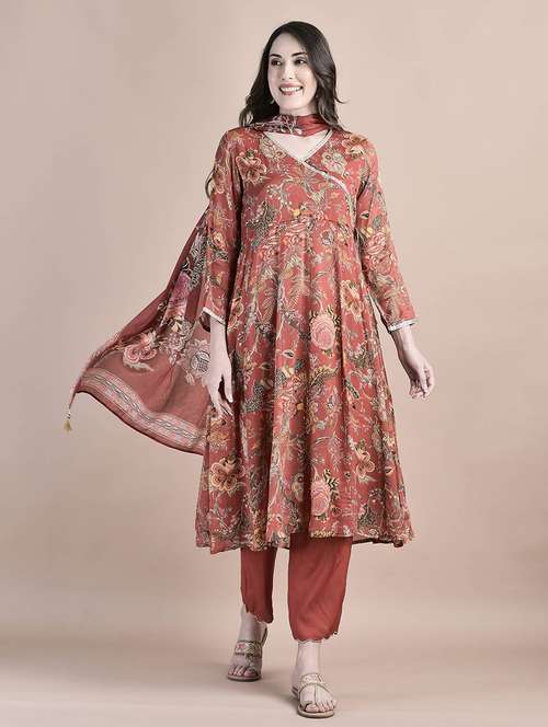 women rust long sleeve anarkali kurta pant with dupatta set - 21559600 -  Standard Image - 0