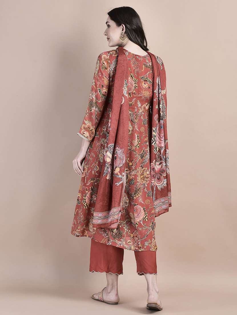 women rust long sleeve anarkali kurta pant with dupatta set - 21559600 -  Standard Image - 3