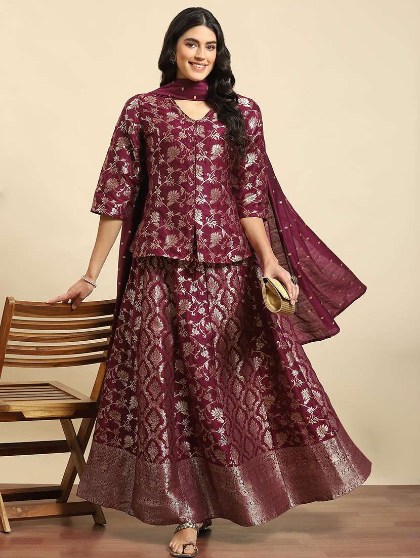 women magenta jacquard work lehenga set