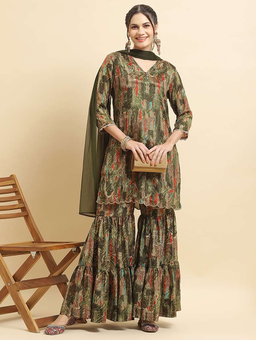 women printed kurta sharara with dupatta set
