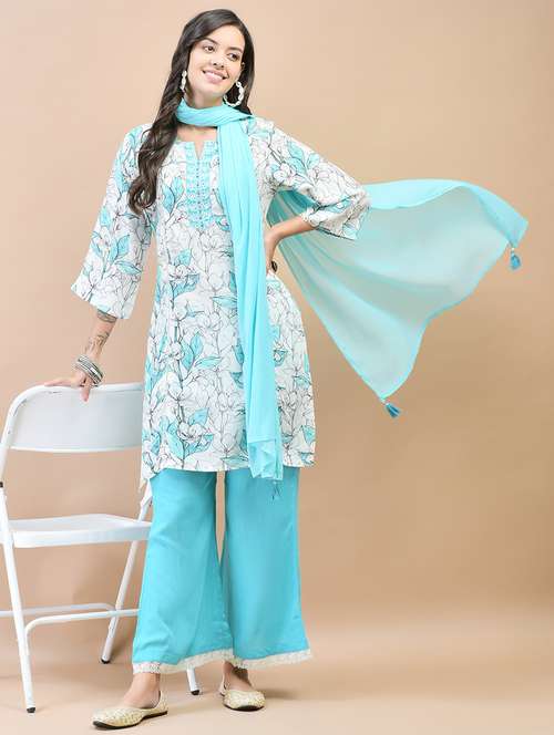 women three quarter sleeve kurta palazzo with dupatta set - 21559623 -  Standard Image - 0