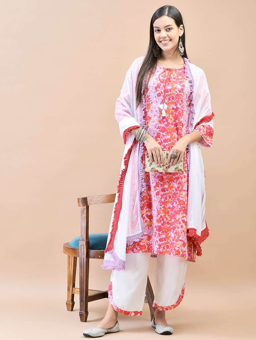 women three quarter sleeve kurta palazzo with dupatta set