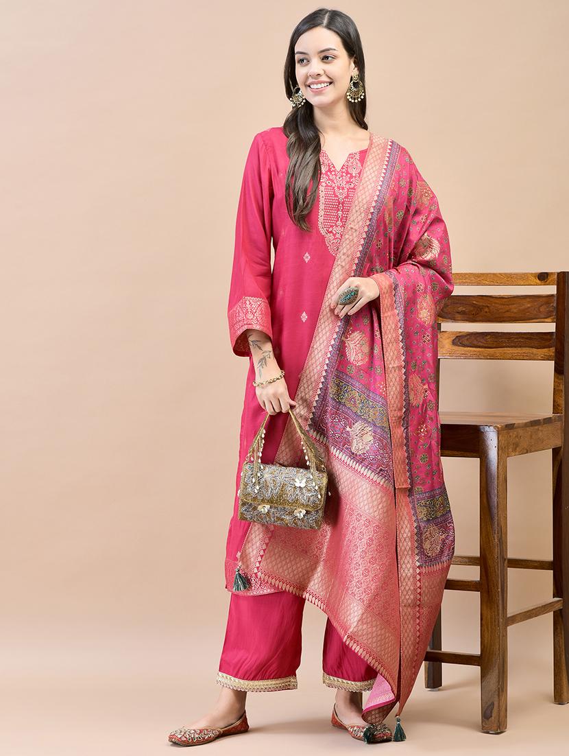 women pink self design kurta pant set with dupatta - 21559638 - Zoom Image - 0