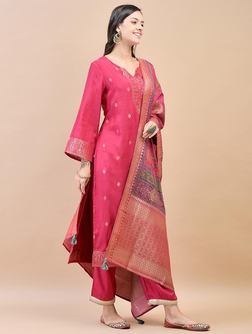 women pink self design kurta pant set with dupatta - 21559638 - Standard Image - 3