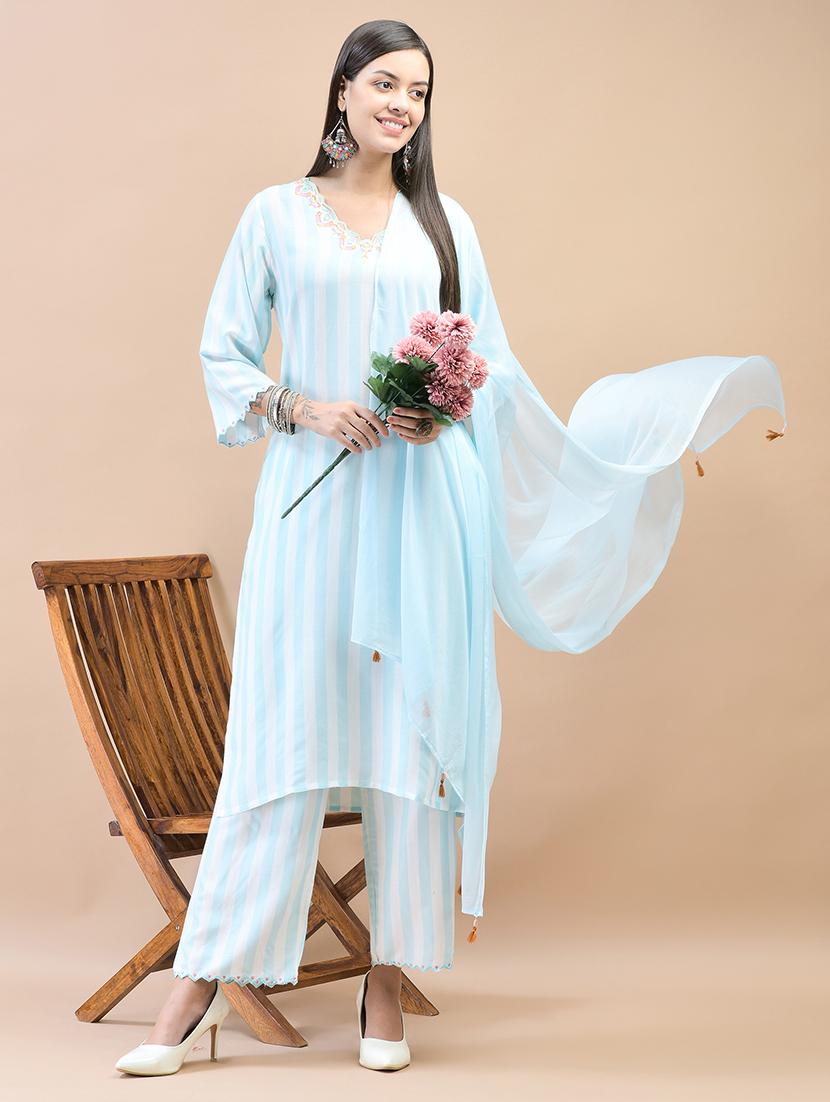 women striped three quarter sleeve suit set