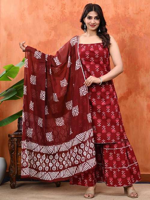 women printed sleeveless kurta sharara with dupatta set - 21559745 - Standard Image - 0