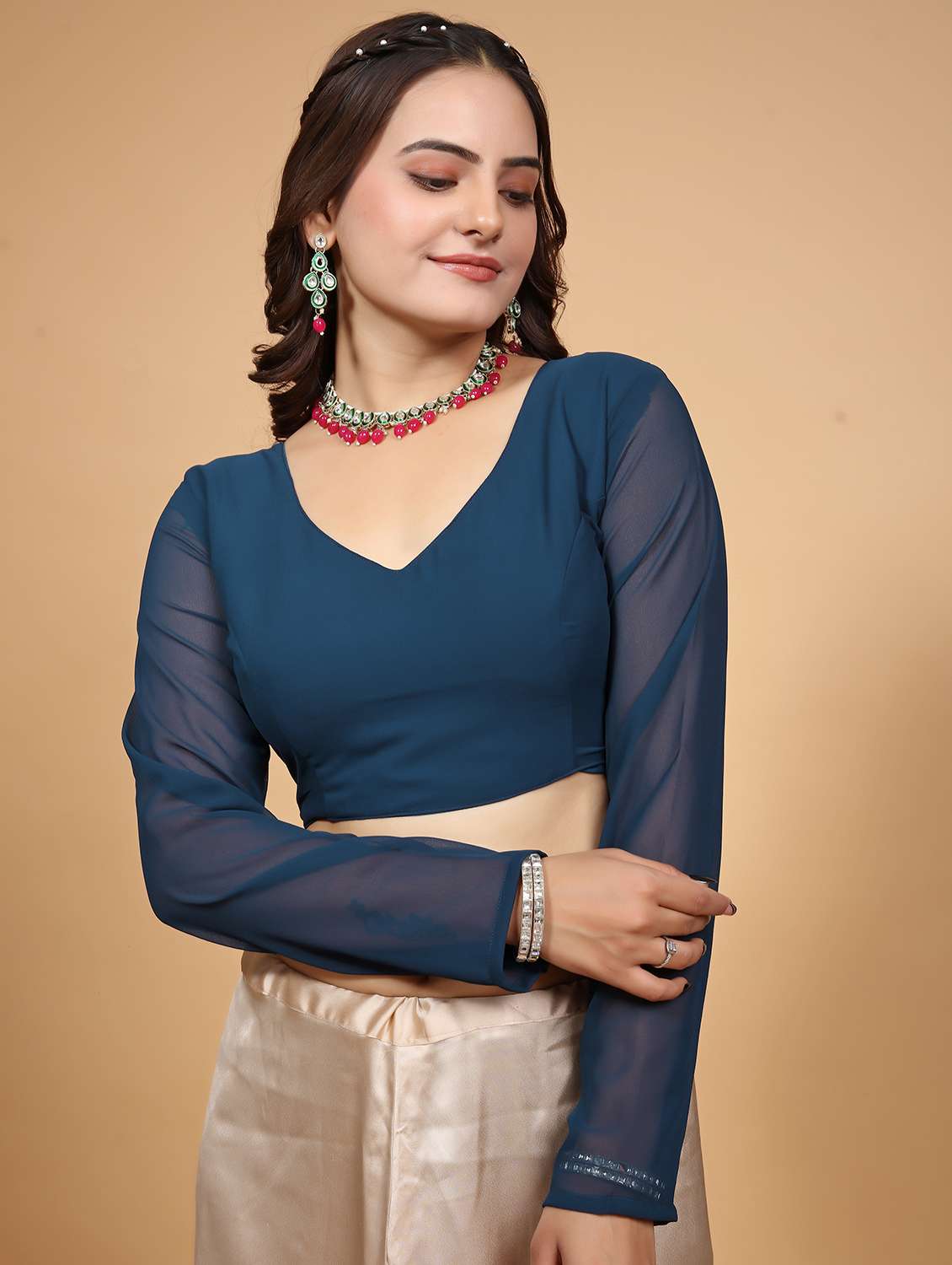 women solid v neck long sleeves blouse - 21561047 - Zoom Image - 0