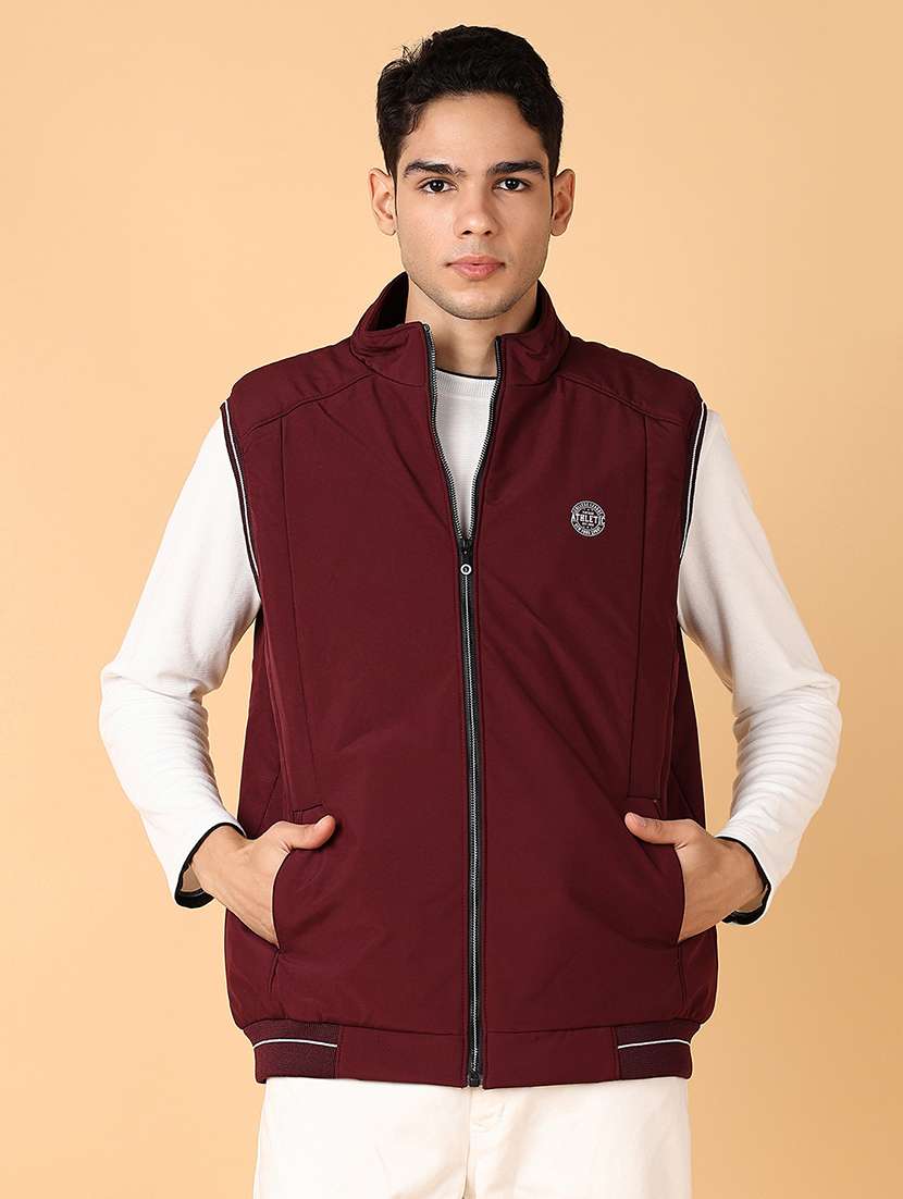 men maroon solid casual jacket