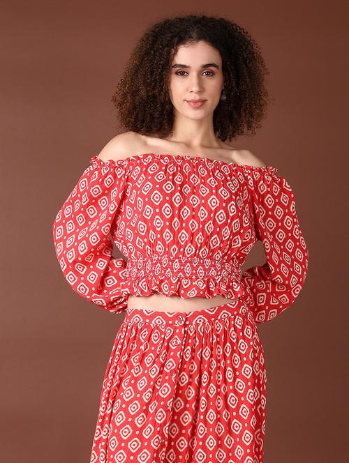 women red printed puff sleeve crop top - 21561307 - Standard Image - 0