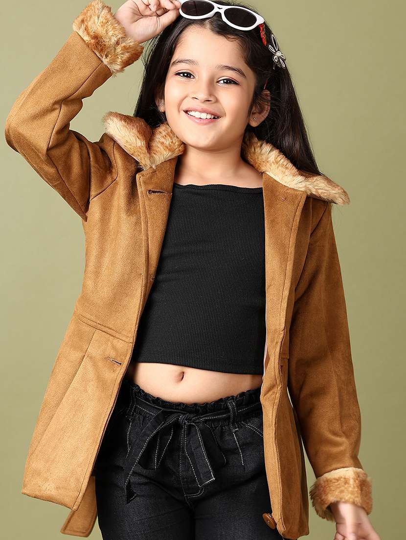 girls brown solid long sleeve trench coat - 21561349 -  Zoom Image - 0