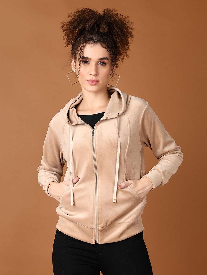 women beige solid long sleeve hooded sweatshirt