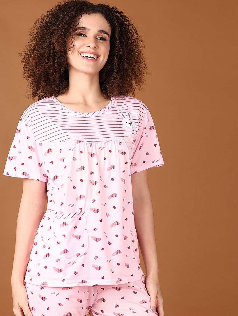women pink printed nightwear shorts set