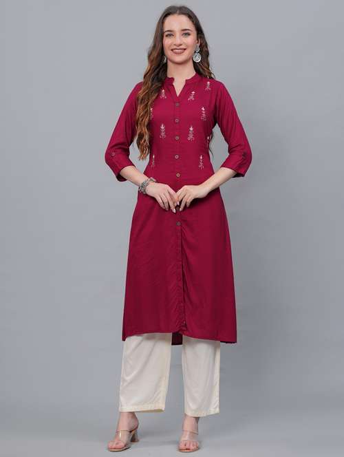 women maroon mandarin neck kurta palazzo set - 21561615 - Standard Image - 0