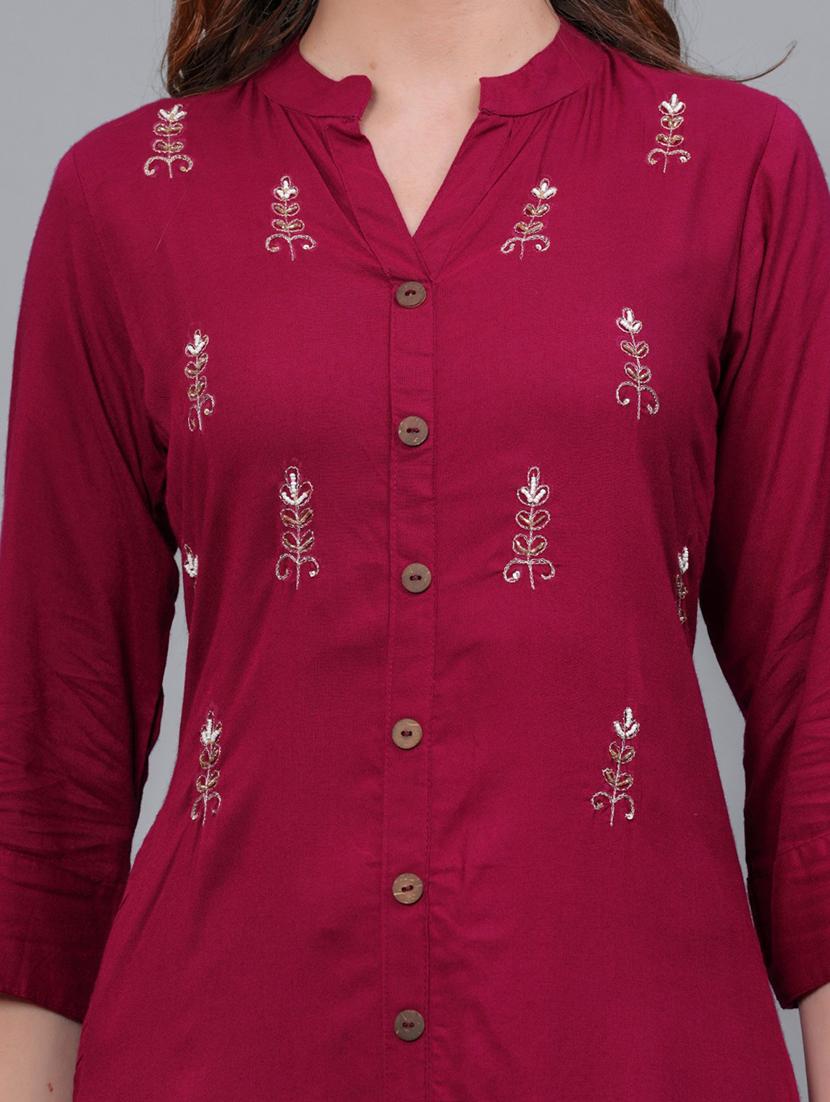 women maroon mandarin neck kurta palazzo set - 21561615 - Standard Image - 3