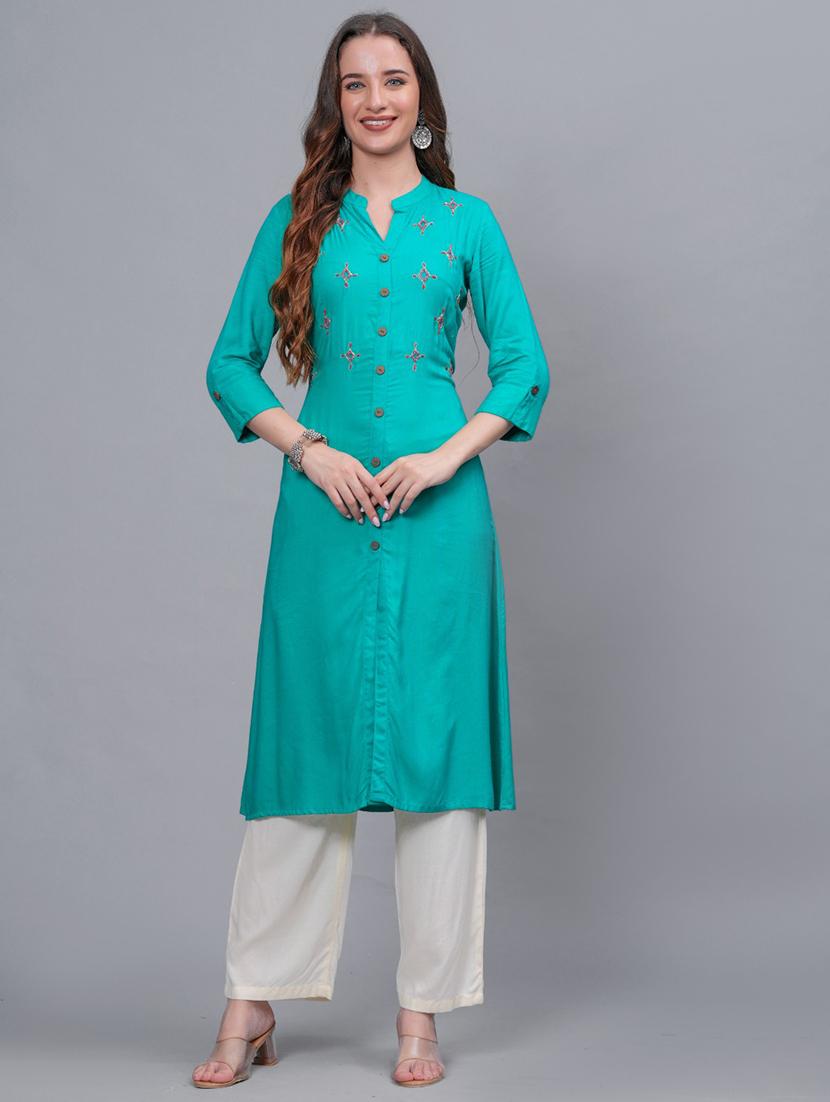 women turquoise mandarin neck kurta palazzo set - 21561635 - Zoom Image - 0