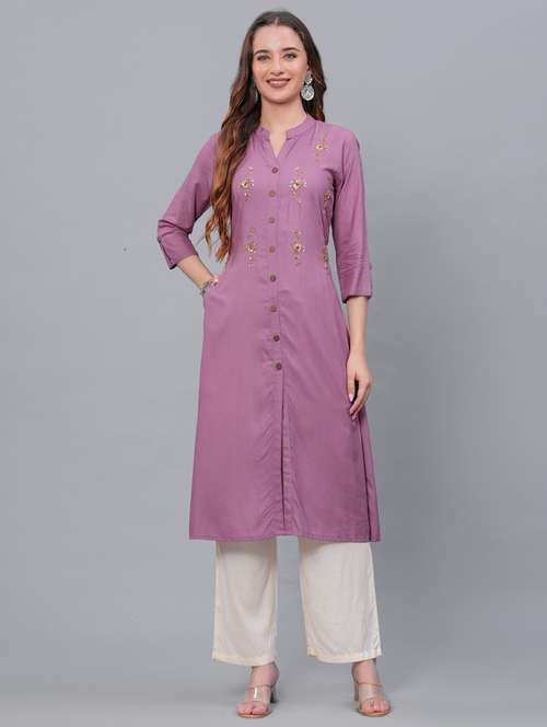 women purple mandarin neck kurta palazzo set - 21561655 - Standard Image - 0