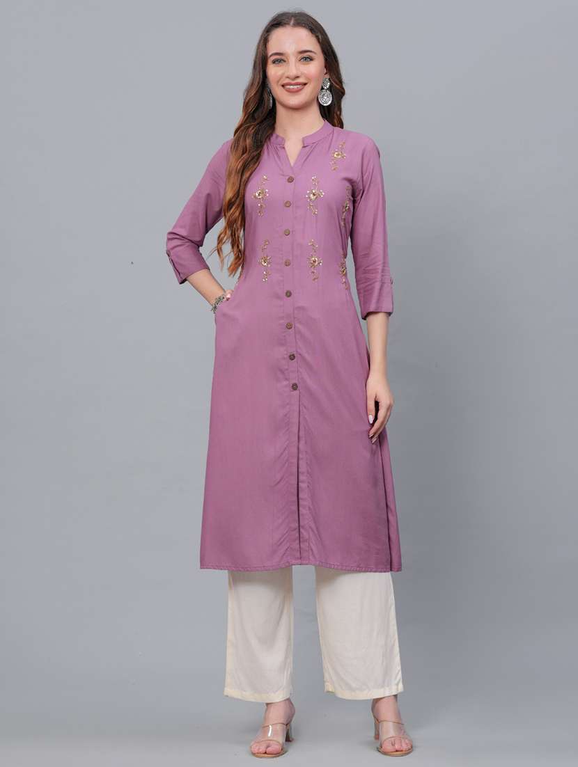 women purple mandarin neck kurta palazzo set - 21561655 - Zoom Image - 0
