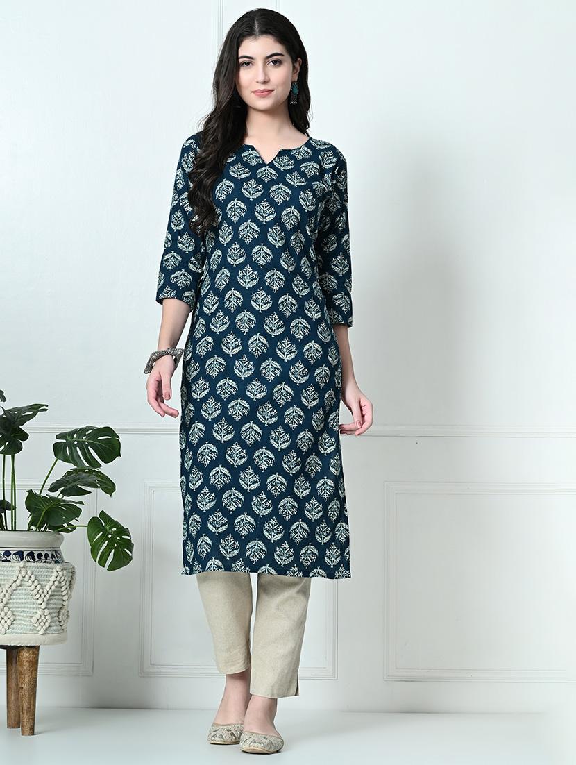 women printed three quarter sleeves straight kurta