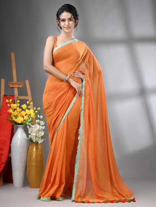 women solid lace borderer tassel detailed saree - 21562183 - Standard Image - 0