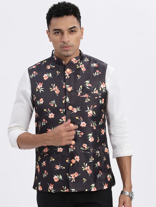 men floral mandarian neck nehru jacket - 21562500 - Standard Image - 0