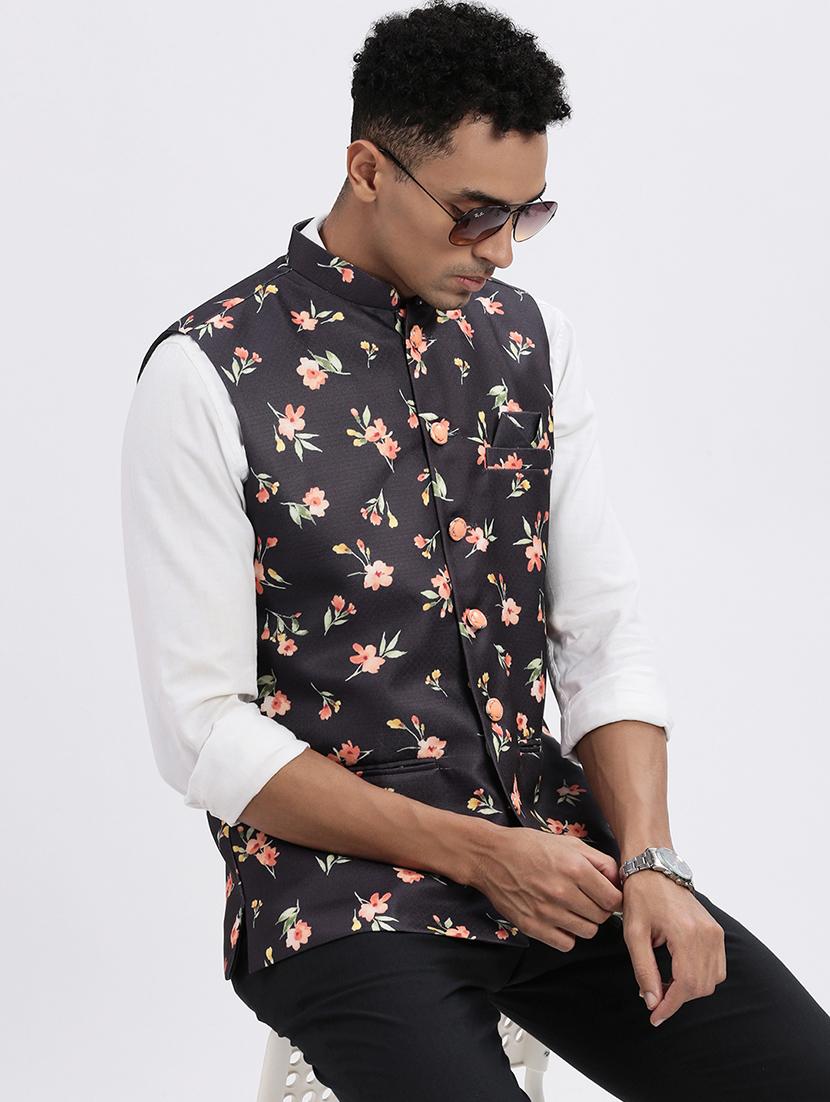 men floral mandarian neck nehru jacket - 21562500 - Standard Image - 3