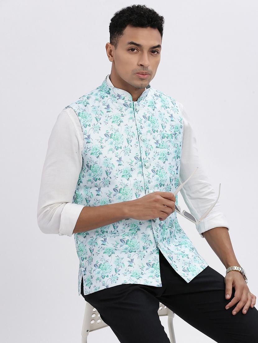 men floral mandarian neck nehru jacket - 21562501 - Standard Image - 3