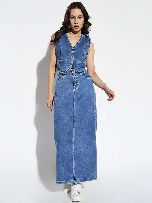 women solid denim top and skirt co-ord set - 21562595 -  Standard Image - 0