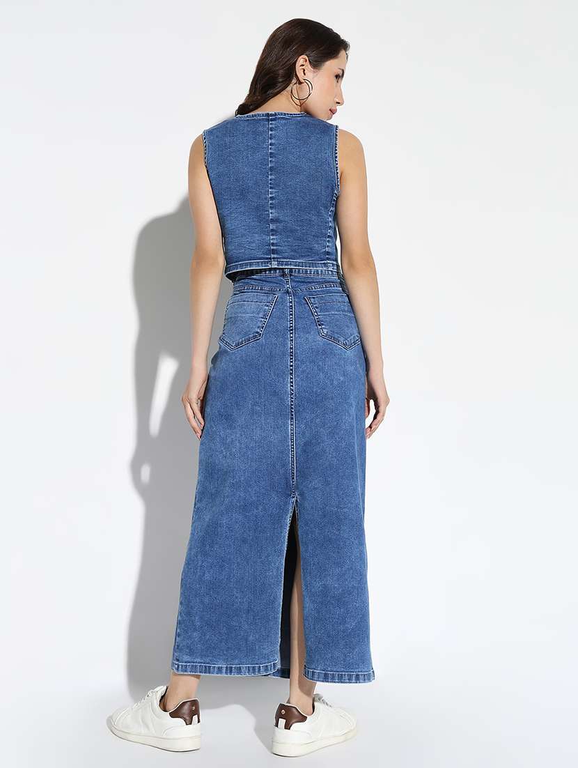 women solid denim top and skirt co-ord set - 21562595 -  Standard Image - 3