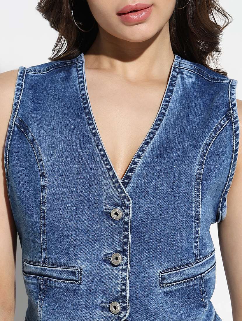 women solid denim top and skirt co-ord set - 21562595 -  Standard Image - 5