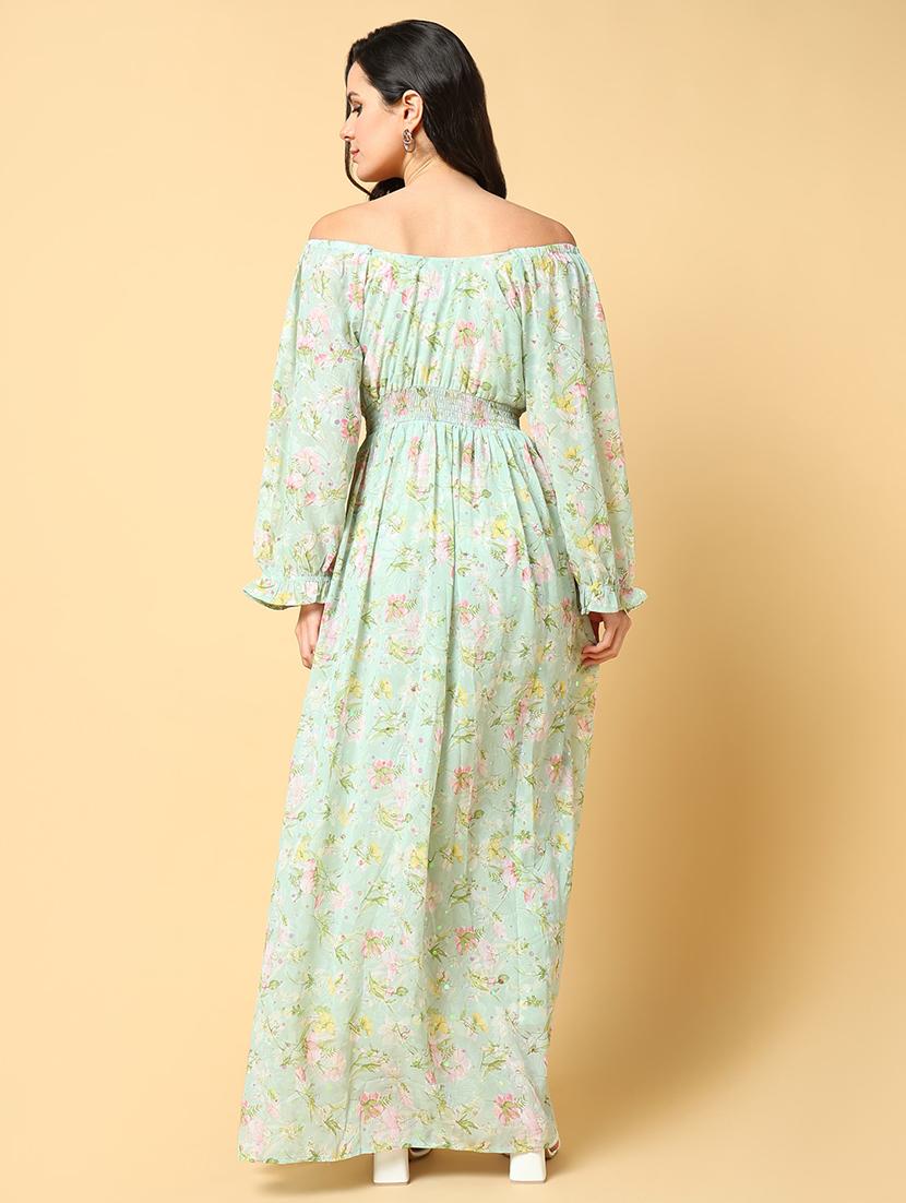 women printed off shoulder fit & flare dress - 21562629 - Standard Image - 3