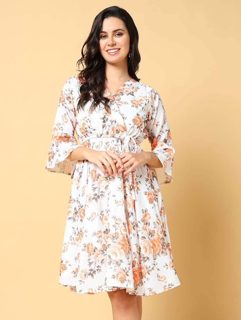 women printed bell sleeve fit & flare dress