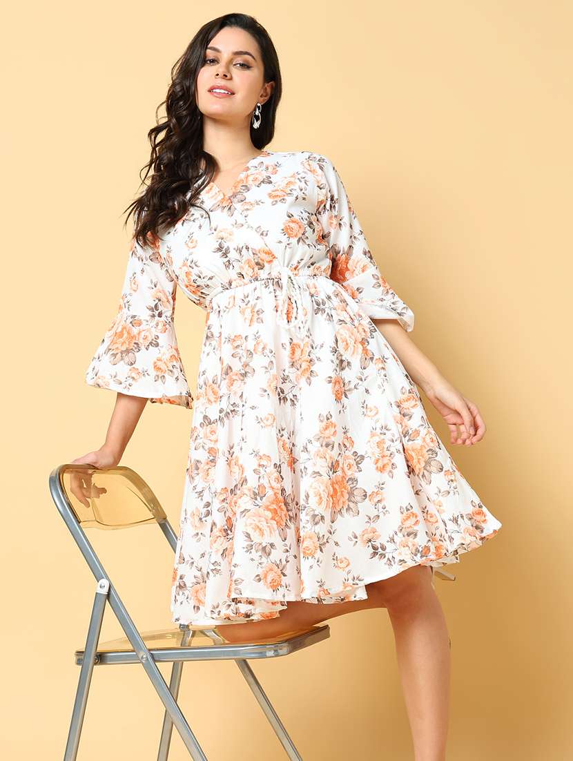 women printed bell sleeve fit & flare dress - 21562633 -  Standard Image - 3