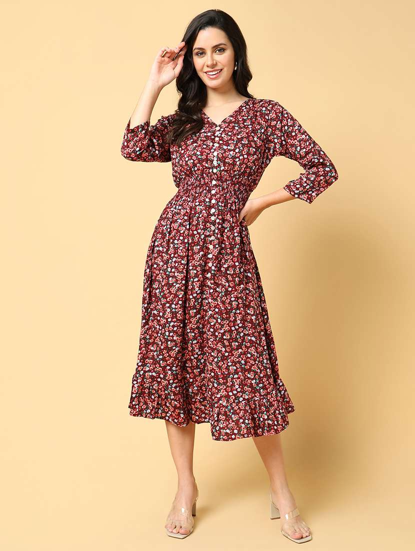 women printed three quarter sleeve fit & flare dress - 21562634 -  Zoom Image - 0