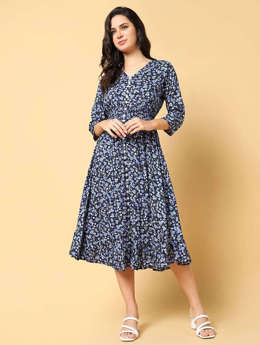 women printed three quarter sleeve fit & flare dress