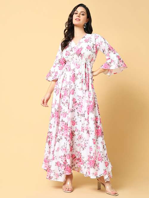 women printed bell sleeve fit & flare dress - 21562639 - Standard Image - 0