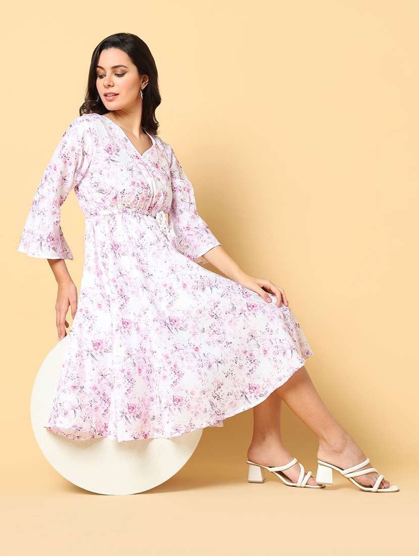 women printed bell sleeve fit & flare dress - 21562648 - Standard Image - 5