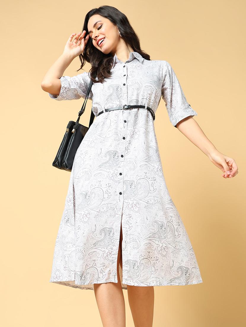women printed collared roll up a-line dress - 21562654 - Standard Image - 3