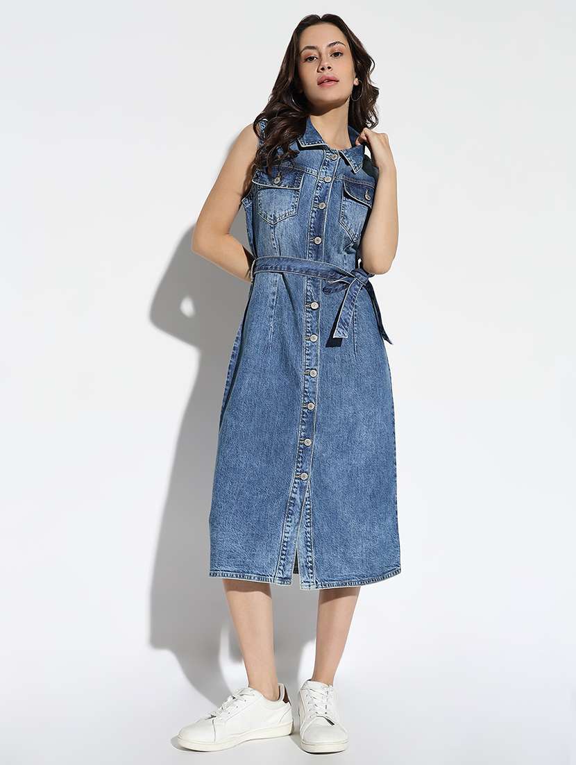 women solid collared shirt dress with belt - 21562658 -  Zoom Image - 0