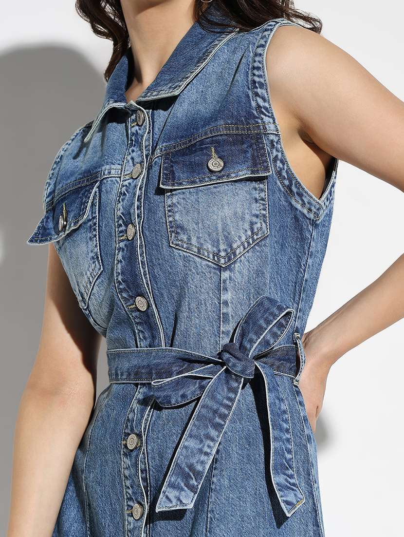 women solid collared shirt dress with belt - 21562658 - Standard Image - 5