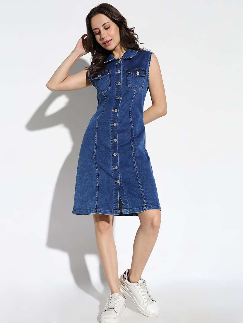 women solid callared sleeveless shirt dress - 21562673 - Zoom Image - 0