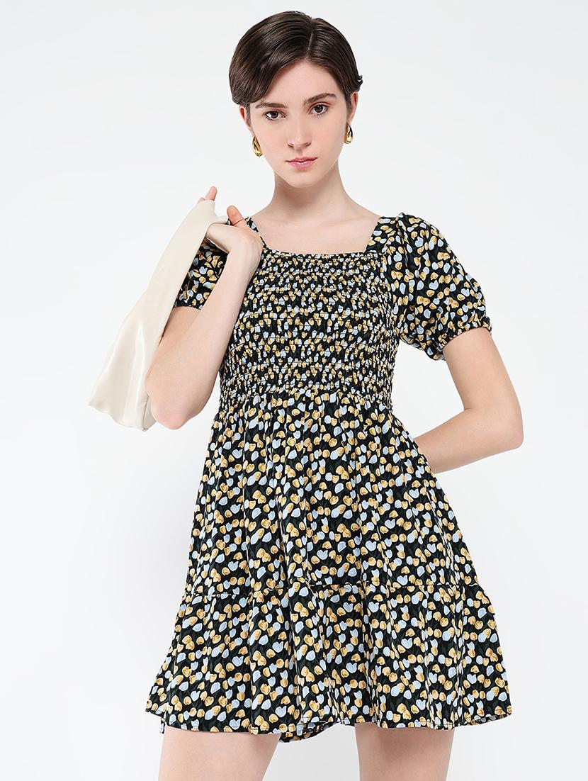 women printed puff sleeves fit & flare dress - 21562688 - Standard Image - 3