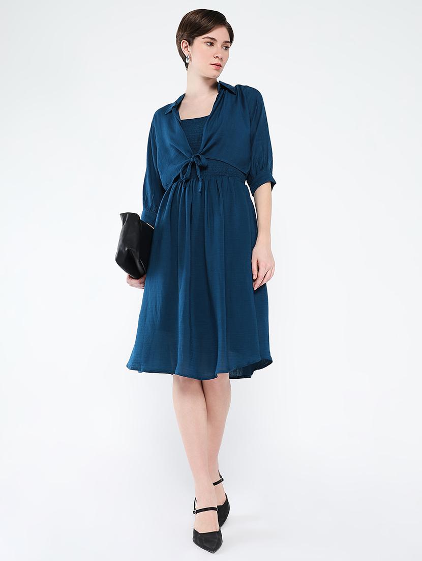 women solid sleeveless fit & flare dress with shrug - 21562693 - Standard Image - 3