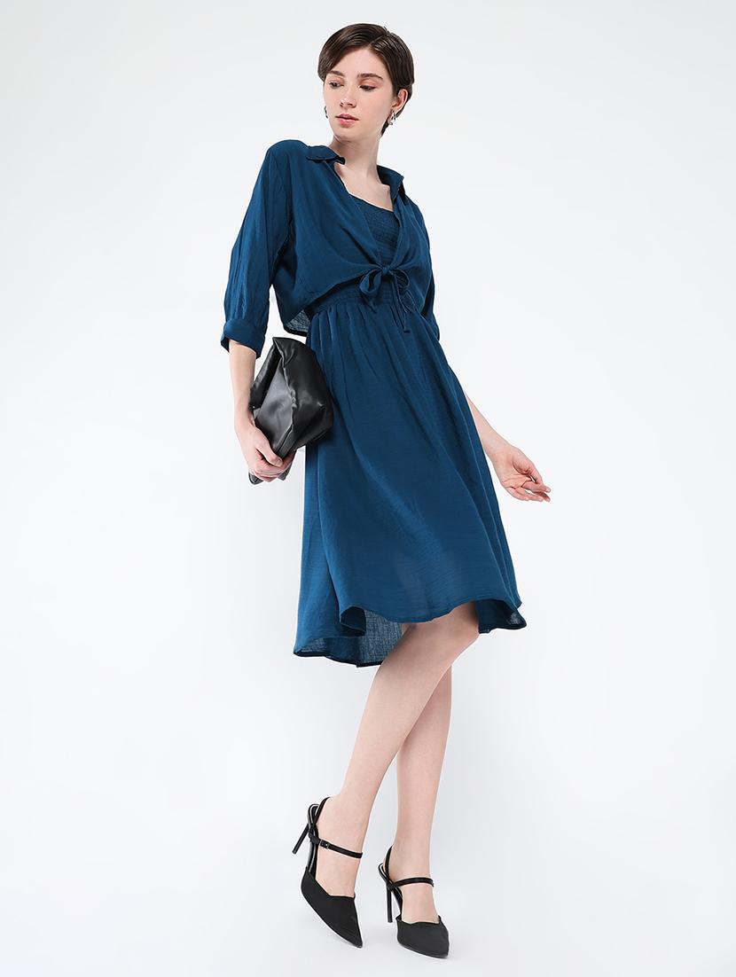 women solid sleeveless fit & flare dress with shrug - 21562693 - Standard Image - 5
