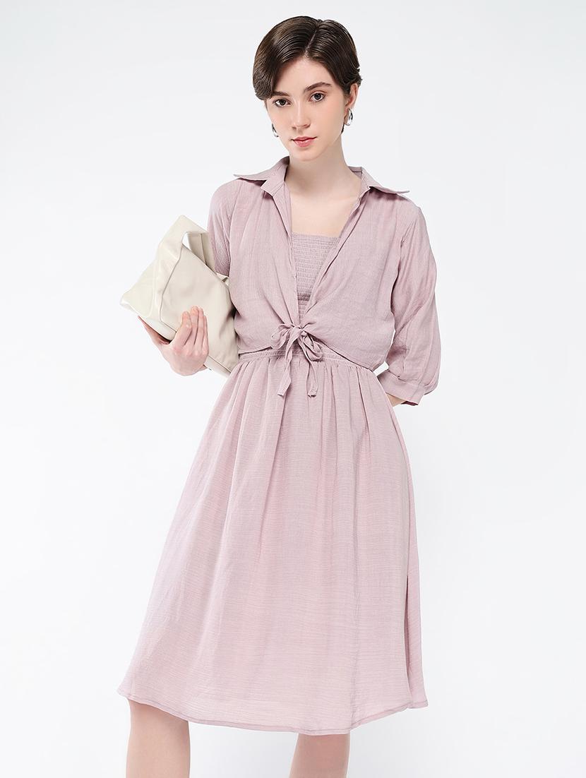 women solid sleeveless fit & flare dress with shrug - 21562696 - Standard Image - 5